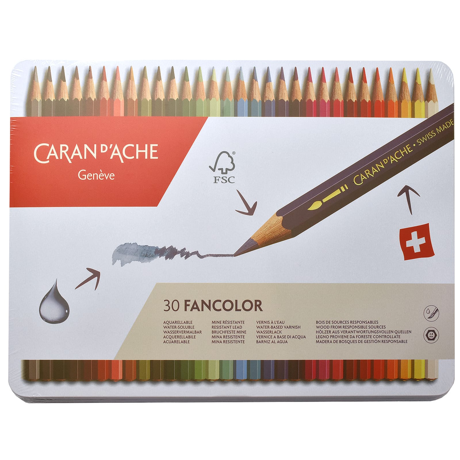 CARAN D'ACHE（カランダッシュ） 色鉛筆 ファンカラー 水溶性色鉛筆 1288-330 ファンカラー30色セット（缶入）