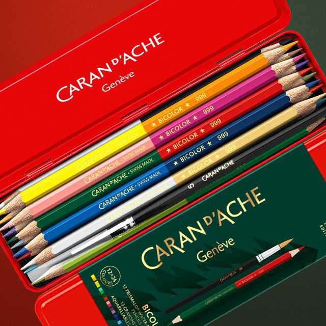 CARAN D'ACHE（カランダッシュ）水溶性色鉛筆 限定品 クリスマスコレクション 2021 ワンダーフォレスト プリズマロバイカラーセット 12本24色＋水彩筆1本 CC0999-121