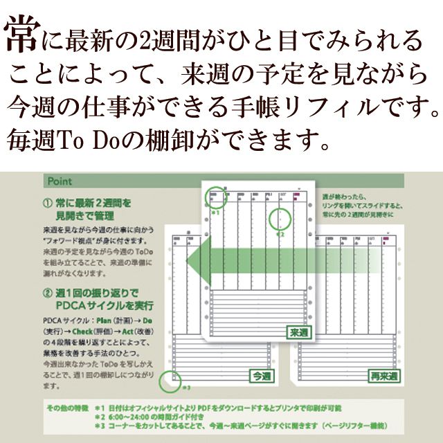 常に最新の2週間がひと目でみられることによって、来週の予定を見ながら今週の仕事ができる手帳リフィルです。毎週To Doの棚卸ができます。