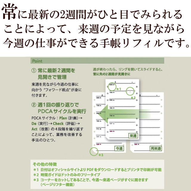 常に最新の2週間がひと目でみられることによって、来週の予定を見ながら今週の仕事ができる手帳リフィルです。