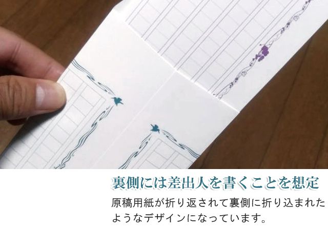 裏側には差出人を書くことを想定。原稿用紙が折り返されて裏側に折り込まれたようなデザインになっています。