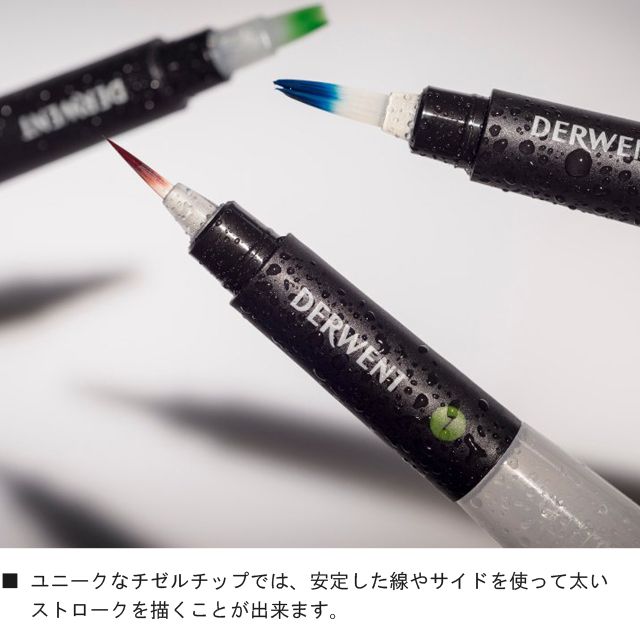 ユニークなチゼルチップでは、安定した線やサイドを使って太いストロークを描くことが出来ます。