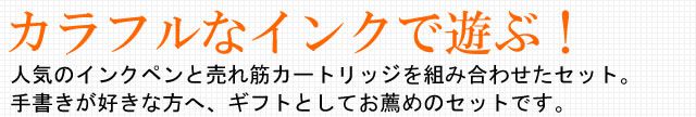 カラフルなインクでみんなで遊ぶ! 人気のインクペンと売れ筋カートリッジを組み合わせたセット。 手紙や日記を書くのが好きな方へのプレゼントにお薦めです。