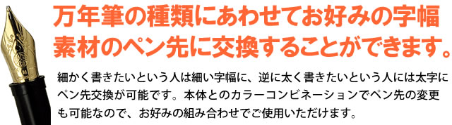 万年筆の種類にあわせてお好みの字幅・素材のペン先に交換することができます。