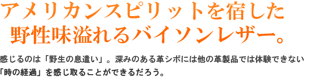 アメリカンスピリットを宿した野性味溢れるバイソンレザー！感じるのは、「野生の息遣い」。深みのある革シボには他の革製品では体験できない「時の経過」を感じ取ることができるだろう。