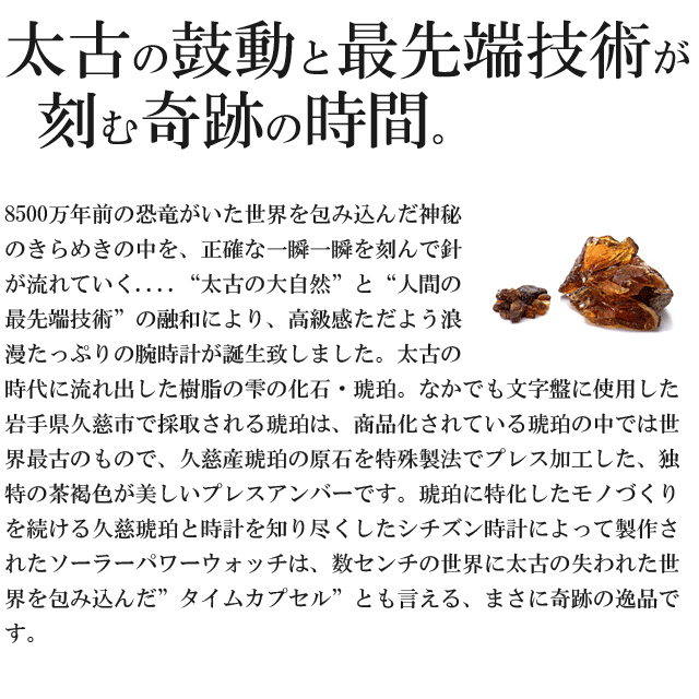 太古の鼓動と最先端技術が刻む奇跡の時間。8500万年前の恐竜がいた世界を包み込んだ神秘のきらめきの中を、正確な一瞬一瞬を刻んで針が流れていく...“太古の大自然”と“人間の最先端技術”の融和により、高級感ただよう浪漫たっぷりの腕時計が誕生致しました。太古の時代に流れ出した樹脂の雫の化石・琥珀。なかでも文字盤に使用した岩手県久慈市で採取される琥珀は、商品化されている琥珀の中では世界最古のもので、久慈産琥珀の原石を特殊製法でプレス加工した、独特の茶褐色が美しいプレスアンバーです。琥珀に特化したモノづくりを続ける久慈琥珀と時計を知り尽くしたシチズン時計によって製作されたソーラーパワーウォッチは、数センチの世界に太古の失われた世界を包み込んだ”タイムカプセル”とも言える、まさに奇跡の逸品です。