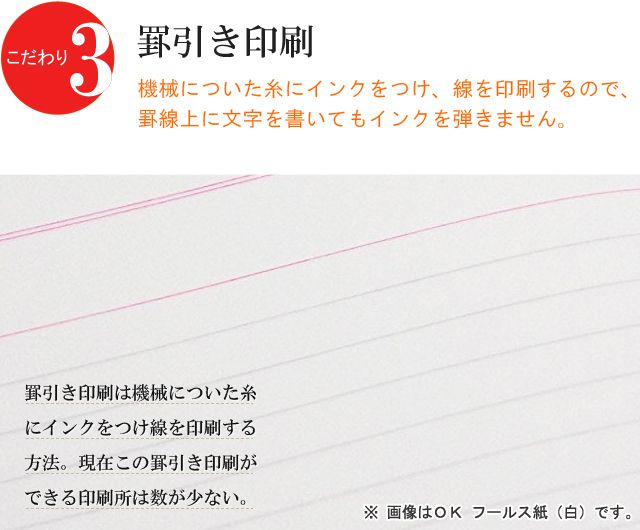 罫引き印刷。機械についた糸にインクをつけ、線を印刷するので、罫線上に文字を書いてもインクを弾きません。