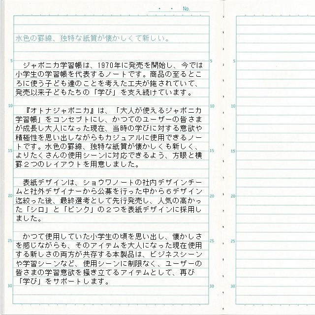 大人が使えるジャポニカってどんな感じだろう？そんな思いからショウワノート社内外デザイナー公募によりデザインを募集しました。最終的に６種類まで絞り込まれたデザインを数量限定にて試験販売を実施。そこで人気のあった２デザインをオトナジャポニカとして製品化しました。大人にも使えるヨコ罫と方眼をご用意しました。