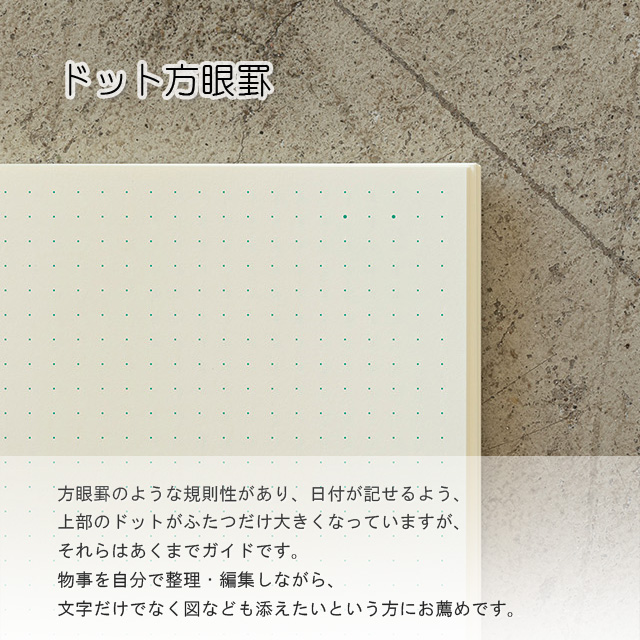 ドット方眼罫。方眼罫のような規則性があり、日付が記せるよう、上部のドットがふたつだけ大きくなっていますが、それらはあくまでガイドです。物事を自分で整理・編集しながら、文字だけでなく図なども添えたいという方には、特にこちらがおすすめ。