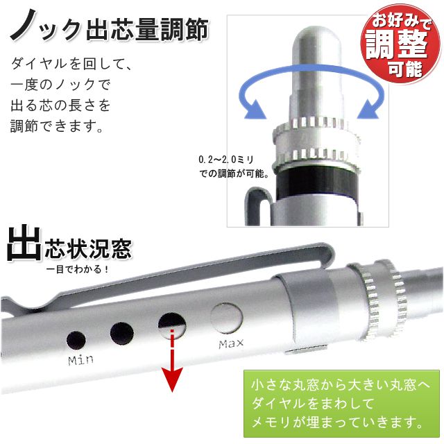 ダイヤルを回して、一度のノックで出る芯の長さを調節できます。小さな丸窓から大きい丸窓へダイヤルをまわしてメモリが埋まっていきます。