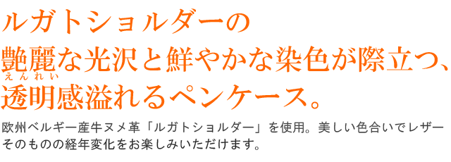 ルガトショルダーの艶麗な光沢と鮮やかな染色が際立つ、透明感溢れるペンケース。