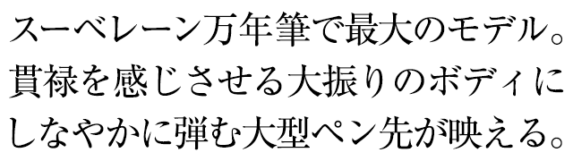 スーベレーン万年筆を代表するモデル。黄金の重心バランスにより心地よい書き心地を約束する、不朽の名品。