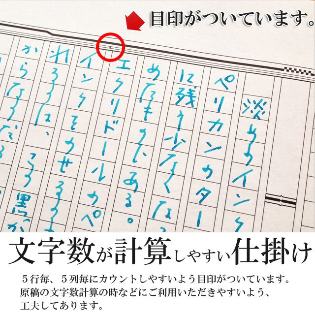 文字数が計算しやすい仕掛け。5行毎、5列毎にカウントしやすいよう目印がついています。原稿の文字数計算の時などにご利用いただきやすいよう、工夫してあります。