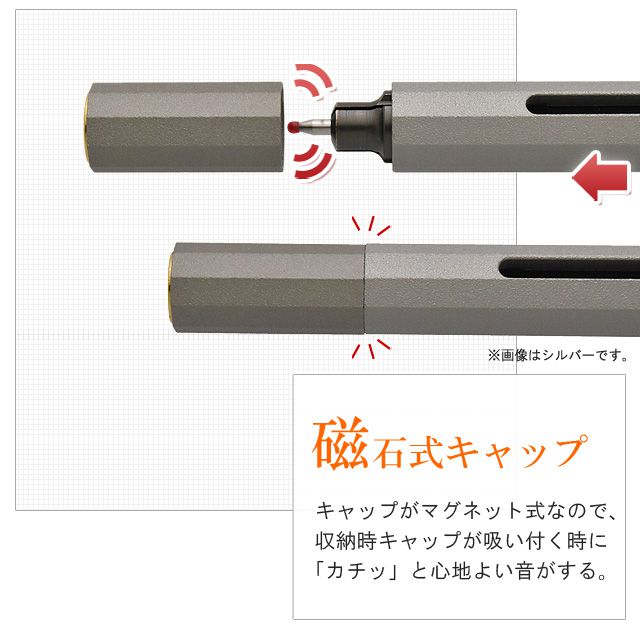 磁石式キャップ。 キャップがマグネット式なので、収納時キャップが吸い付く時に「カチッ」と心地よい音がする。