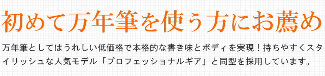 はじめて万年筆を使うひとにおすすめ！万年筆としては嬉しい低価格で本格的な書き味とボディを実現！持ちやすくスタイリッシュな人気モデル「プロフェッショナルギア」と同型を採用しています。