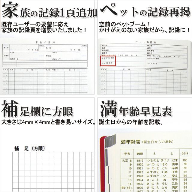 家族の記録１頁追加　ペットの記録再掲　補足欄に方眼　満年齢早見表