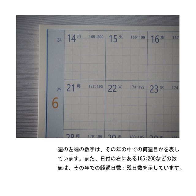 週の左端の数字は、その年の中での何週目かを表しています。また、日付の右にある165:200などの数値は、その年での経過日数:残日数を示しています。