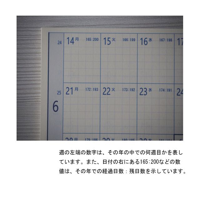 週の左端の数字は、その年の中での何週目かを表しています。また、日付の右にある165:200などの数値は、その年での経過日数:残日数を示しています。