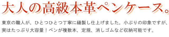 大人の高級本革ペンケース。小ぶりの印象ですが、実はたっぷり大容量でペンが複数本、定規、消しゴムなど収納可能です。