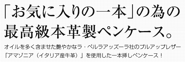 「お気に入りの一本」の為の最高級本革製ペンケース。 オイルを多く含ませた艶やかなラ・ペルラアッズーラ社のプルアップレザー「アマゾニア（イタリア産牛革）」を使用した一本挿しペンケース！