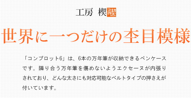 世界に一つだけのを一緒に杢目模様。「コンプロット6」は、6本の万年筆が収納できるペンケースです。隣り合う万年筆を傷めないようエクセーヌが内張りされており、どんな太さにも対応可能なベルトタイプの押さえが付いています。